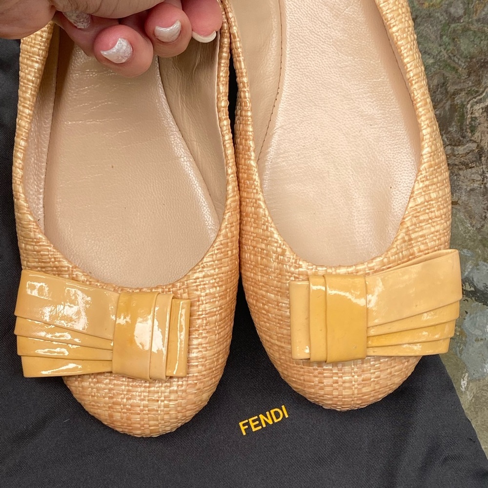 Fendi Yellow Tweed & Patent Leather Bow Ballet Flats - Picture 12 of 16
